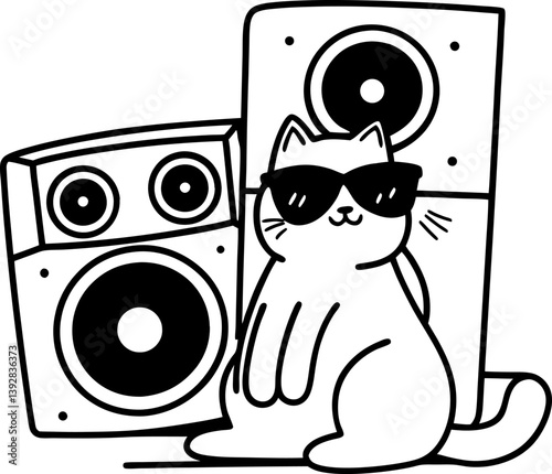 Cool cat in sunglasses with speakers illustration fun, music theme, playful feline design