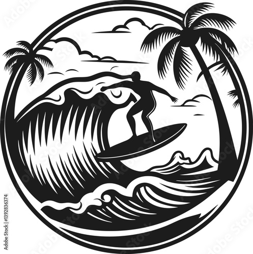 surfer silhouette with palm trees, ocean waves tropical adventure, black and white illustration