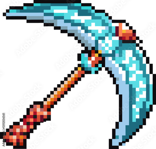 Pixel art pickaxe with blue blade 8 bit gaming tool, vintage digital mining, retro video game icon
