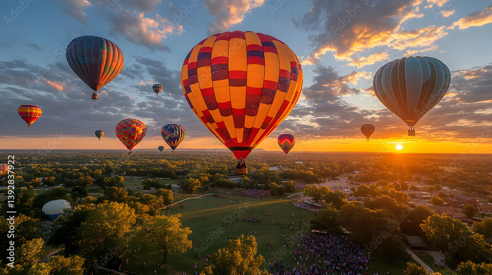 Fototapeta premium Colorful Hot Air Balloons Soaring Above City at Sunset