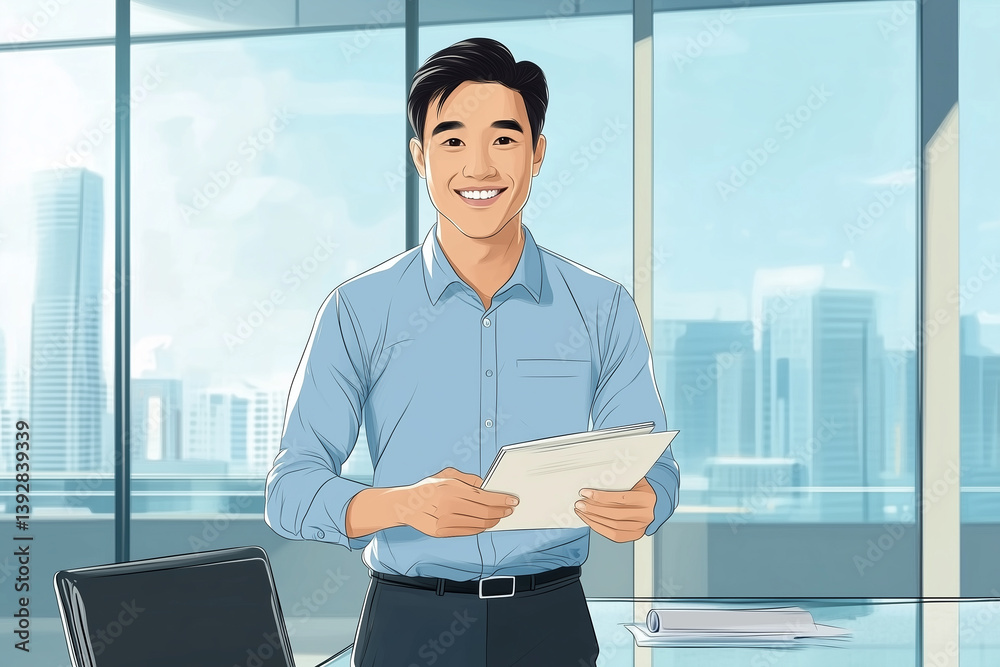 Fototapeta premium Asian professional man in a business shirt stands next to the table, smiling positively, holding a folder of documents, background of many skyscrapers. Concept of openness in business. Illustration.