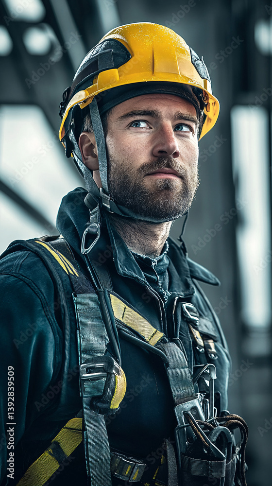 Fototapeta premium A man wearing a yellow helmet and safety harness stands in front of a building