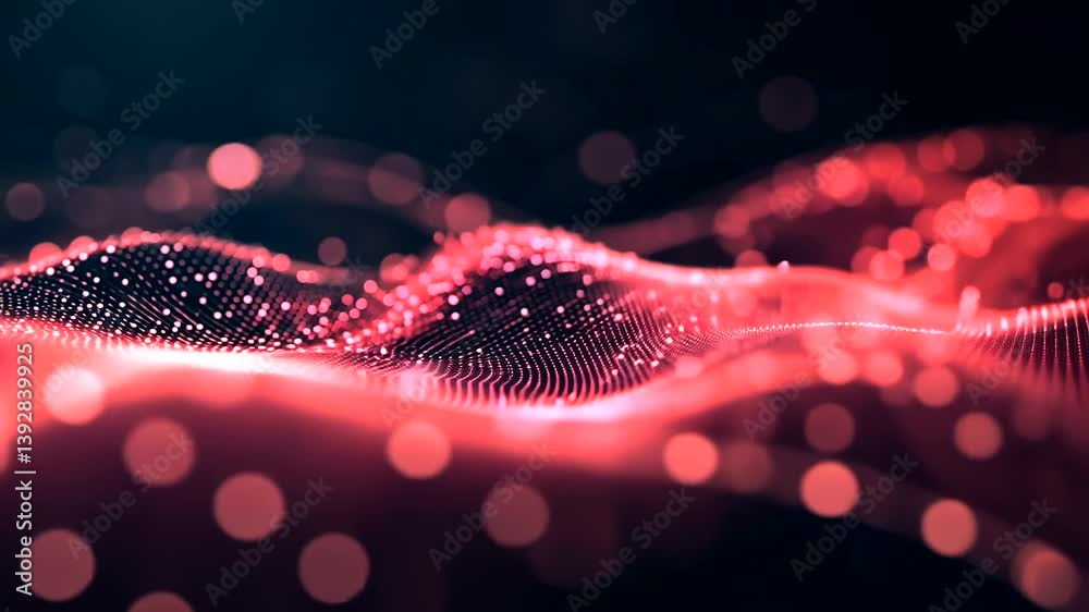Abstract waves of red light create a mesmerizing visual effect with glowing particles in motion