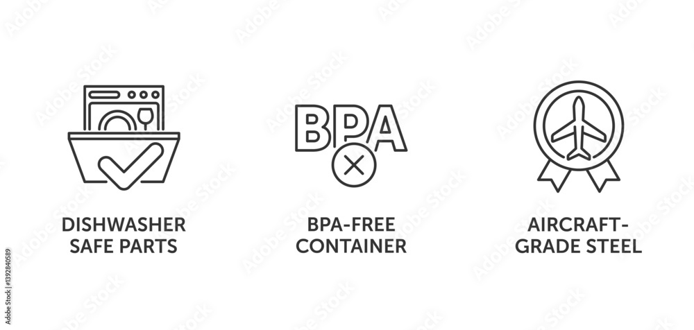 Fototapeta premium Kitchen blender icons - Dishwasher safe, BPA-free container, Aircraft-grade steel