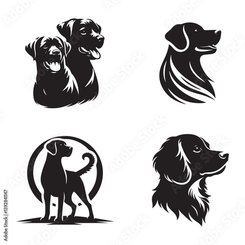 Group of cute dog silhouettes in a studio setting on a white background featuring different breeds like Chihuahua and Dachshund, along with a kitten sitting next to them