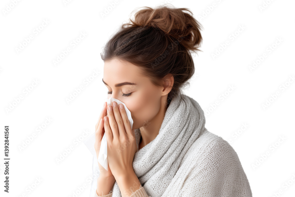 isolated cut out woman blowing her nose with a tissue on transparent background isolated cut out woman blowing her nose with a tissue on transparent background