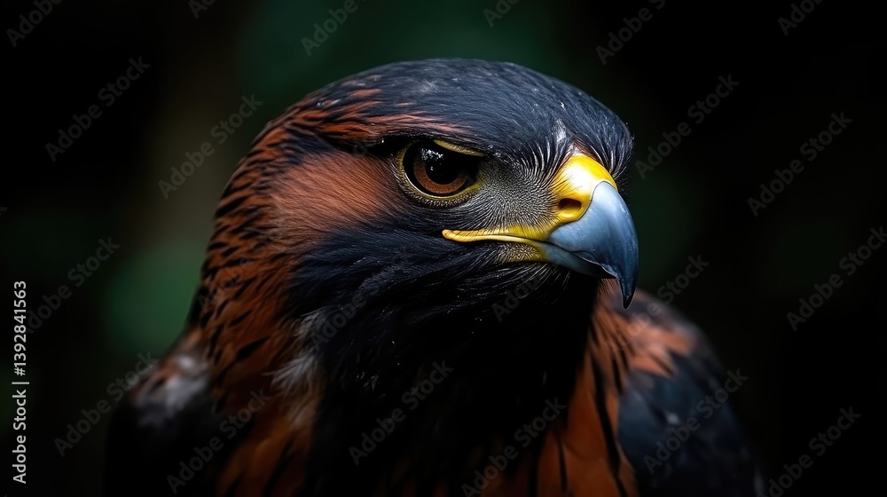 Fototapeta premium Close-up of a hawk's head. Sharp focus on the hawk's intense stare, dark plumage, and vibrant facial features. Natural lighting highlights the detail and texture