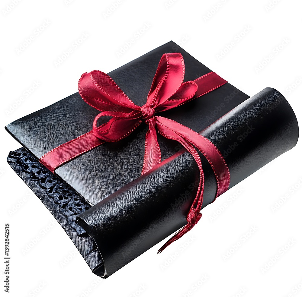 Elegantly Wrapped Black Leather Gift Set With Rich Red Satin Ribbon And Bow