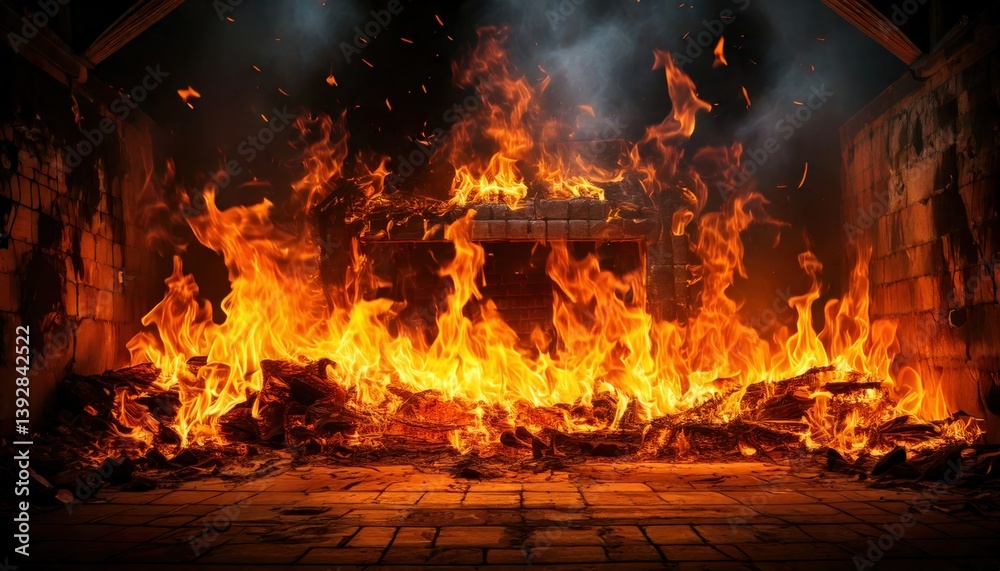 Raging fire burning inside a brick structure, engulfing wood and generating thick smoke and bright orange flames. Raging fire burning inside a brick structure, engulfing wood and generating thick smoke and bright orange flames.