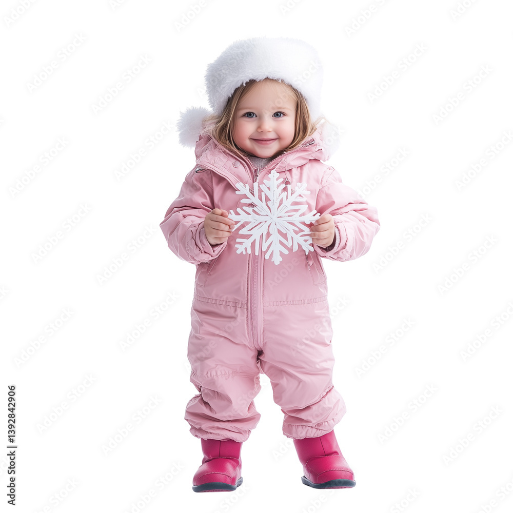 A little girl wearing a pink snowsuit, holding a snowflake ornament in her hands, isolated on a transparent background (5) A little girl wearing a pink snowsuit, holding a snowflake ornament in her hands, isolated on a transparent background (5)