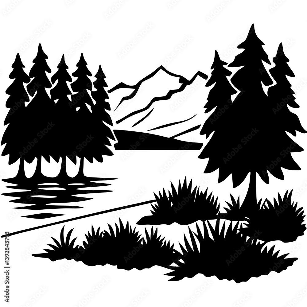 Obraz premium Lake Shoreline Shadows vector silhouette black design white background