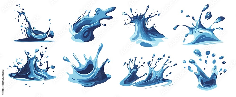 Fototapeta premium Water splashes in various shapes set isolated on a white background