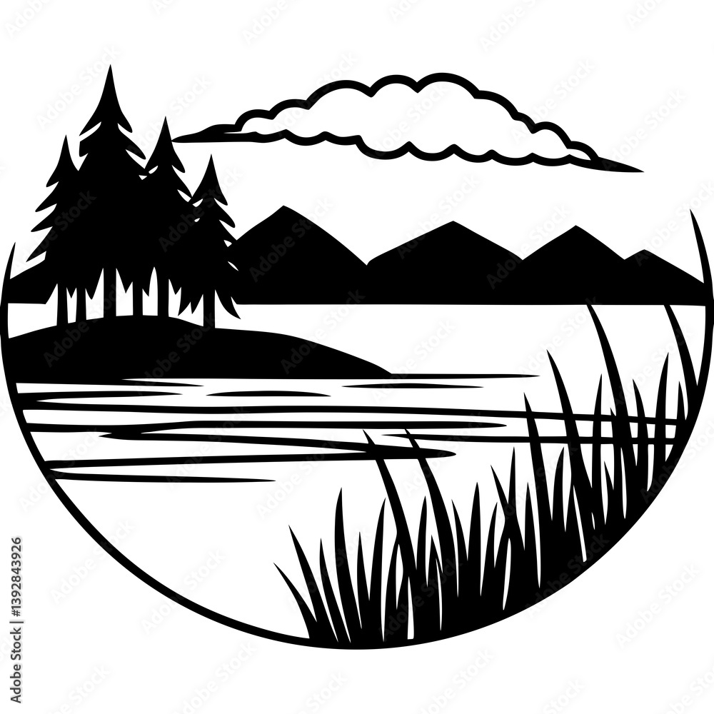 Fototapeta premium Lake Shoreline Shadows vector silhouette black design white background