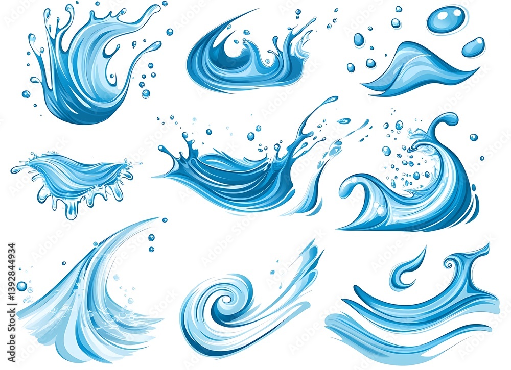 Water splashes in various shapes set isolated on a white background Water splashes in various shapes set isolated on a white background
