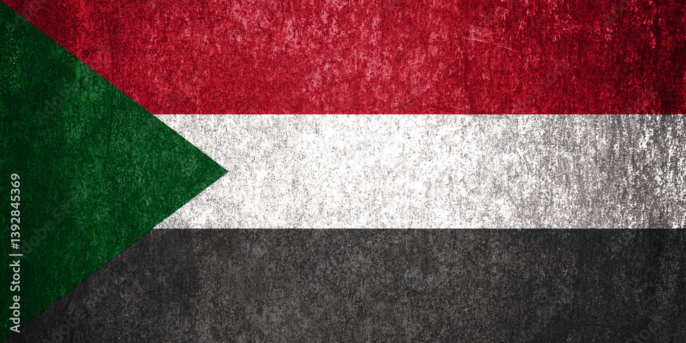 Sudan State Flag. Dirty Sudan flag on metal surface. Sudan State Flag. Dirty Sudan flag on metal surface.