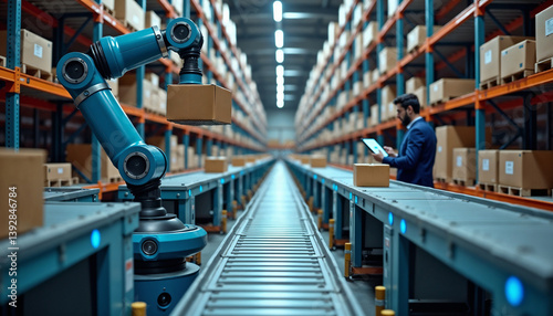 Robot arm in logistics warehouse sorting packages with a worker in the background for warehouse automation, collaborative robotics, and efficient logistics operations
