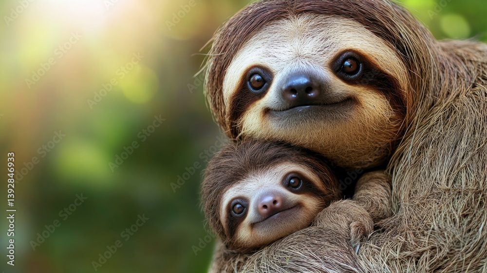 Fototapeta premium Heartwarming moment of sloth mother and baby in a serene forest setting. Mother's Day, Mothering Sunday, Dia de la Madre - Global Maternal Celebration, Worldwide Family Holiday
