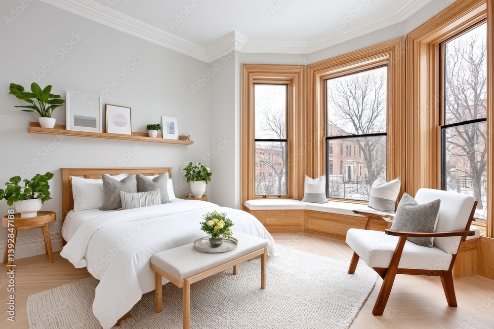 Fototapeta premium A soft minimalist bedroom with white bedding, warm wood, and calming neutral tones