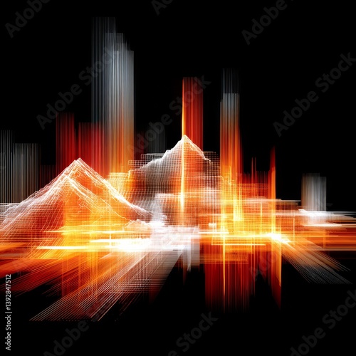 Abstract Glowing Metropolis: Digital Landscape of Light, Lines, and Architectural Forms on Black Background.