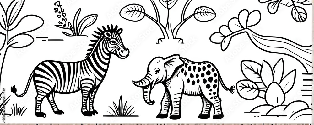 Obraz premium Black and White Illustration of Zebra and Baby Elephant in African Savanna