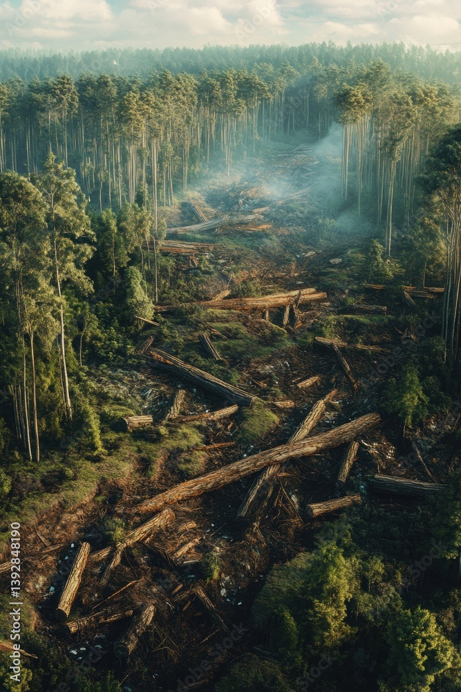 Cut down timber logs on ground in forest. Deforestation.