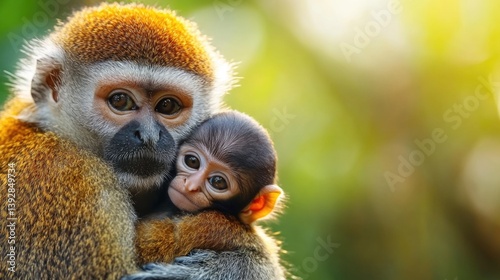 Heartwarming moment: mother and baby monkey hug in sunlit forest. Mother's Day, Mothering Sunday, Dia de la Madre - Global Maternal Celebration, Worldwide Family Holiday