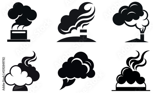 Factory Pollution Silhouettes Set – Industrial Smoke, Emissions, and Environmental Icons