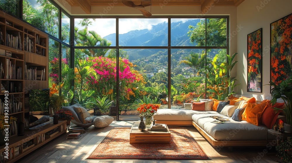 Fototapeta premium Sunlit living room with floor-to-ceiling windows showcasing a lush tropical mountain view.