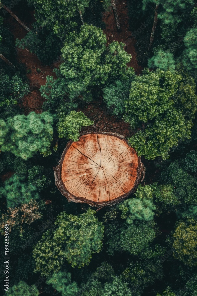 Stump in forest with trees removed. Deforestation. Environment impact.