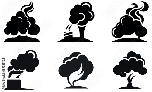 Factory Pollution Silhouettes Set – Industrial Smoke, Emissions, and Environmental Icons