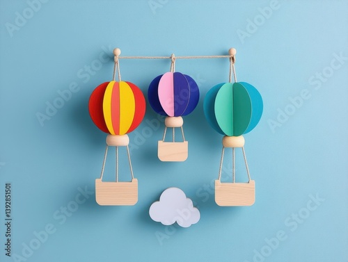 Adventurethemed wooden mobile with hot air balloons, bright colors, and soft chiming bells