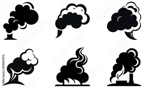 Factory Pollution Silhouettes Set – Industrial Smoke, Emissions, and Environmental Icons