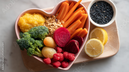 Wallpaper Mural Heart shaped bowl filled with colorful fruits vegetables and seeds on a wooden board close up Torontodigital.ca