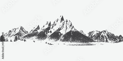 Abstracted dotted mountain range with a pointillist grunge texture. mounted landscape with grainy noise. Retro halftone vector 