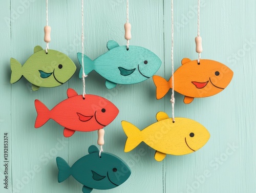 Whimsical wooden baby wind chime mobile with colorful dangling fish, oceaninspired hues, and gentle tinkling
