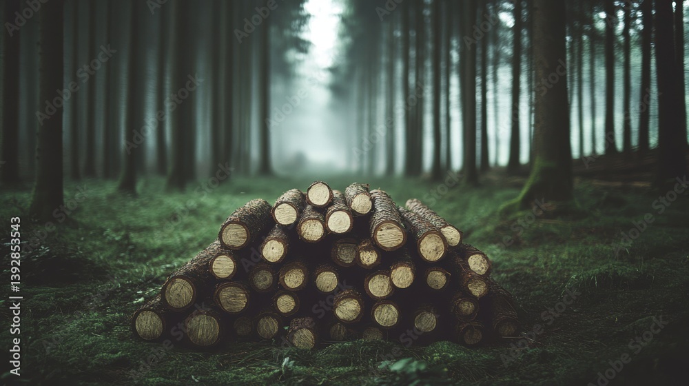 Cut down timber logs on ground in forest. Deforestation.