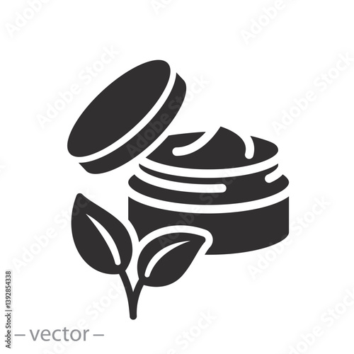 open jar cream with leaves, natural organic cosmetics icon, bio skin care, flat vector illustration