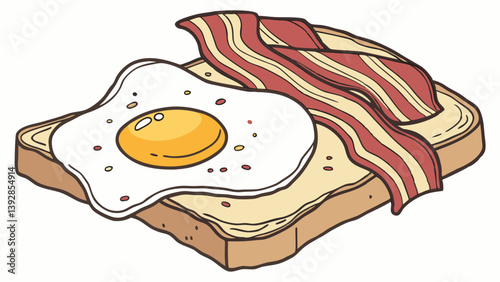 Vector illustration of a perfectly fried egg and crunchy bacon on a toasted bread slice