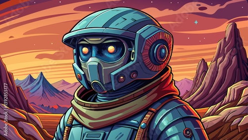 Astronaut portrait on mysterious land of the galaxy under a strange colored sky, game banner
