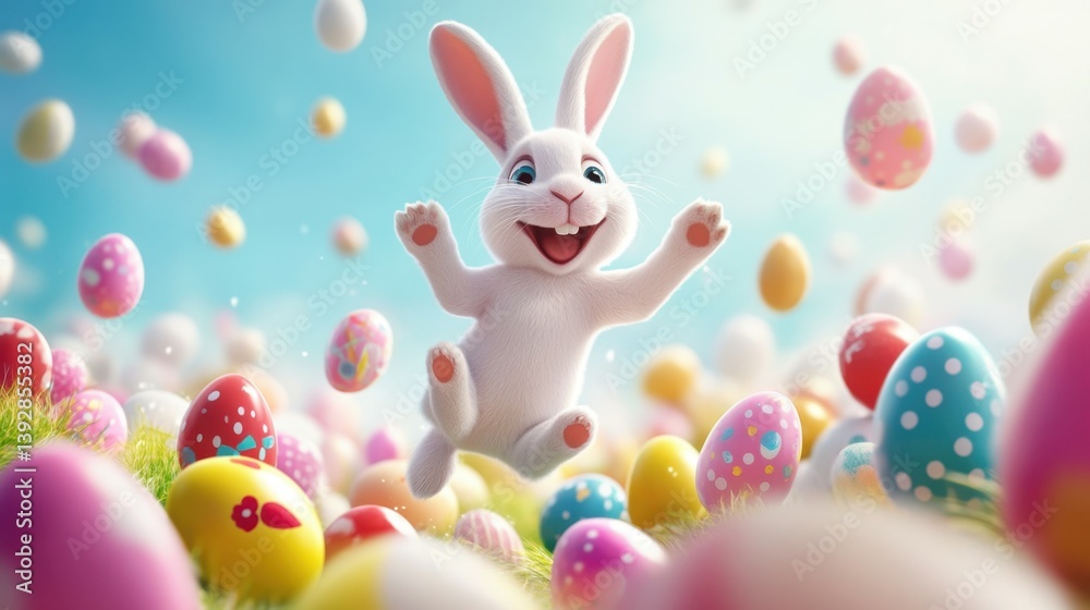 Obraz premium happy Easter bunny jumping with joy with many Easter eggs