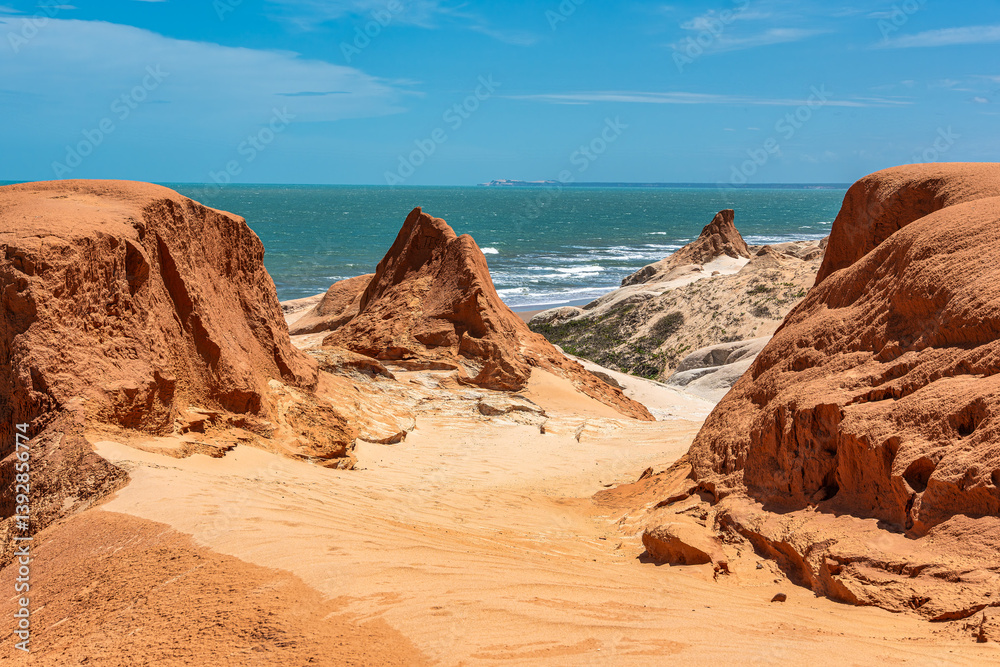 The rock formations at Canoa Quebrada Beach at Canoa Quebrada, state of Ceara, Brazil