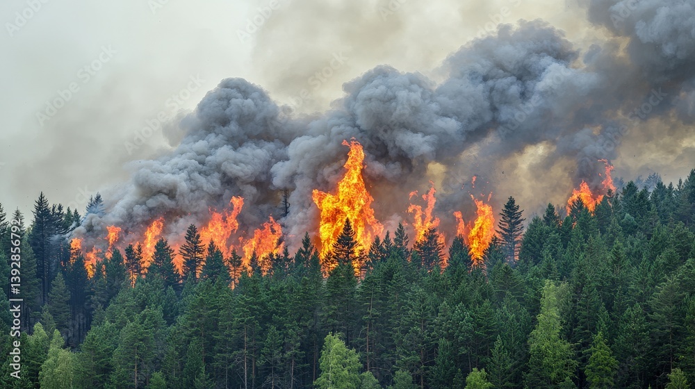 Fototapeta premium A dramatic forest fire engulfs trees with flames and smoke, highlighting the destructive power of wildfires and environmental impact.
