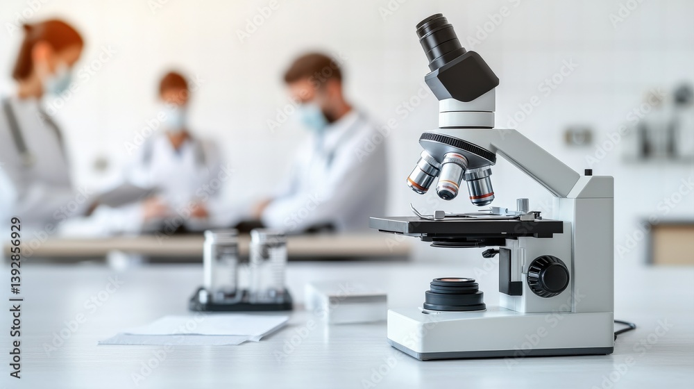 A modern microscope is prominently displayed in a lab, with researchers in the background discussing findings, highlighting scientific exploration. A modern microscope is prominently displayed in a lab, with researchers in the background discussing findings, highlighting scientific exploration.