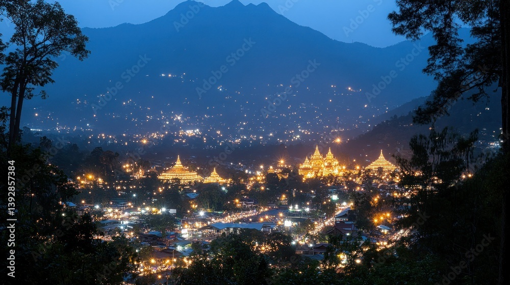 Fototapeta premium Night view of illuminated temple town nestled in mountains