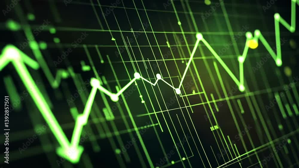Abstract representation of fluctuating data trends with green lines and digital background effects