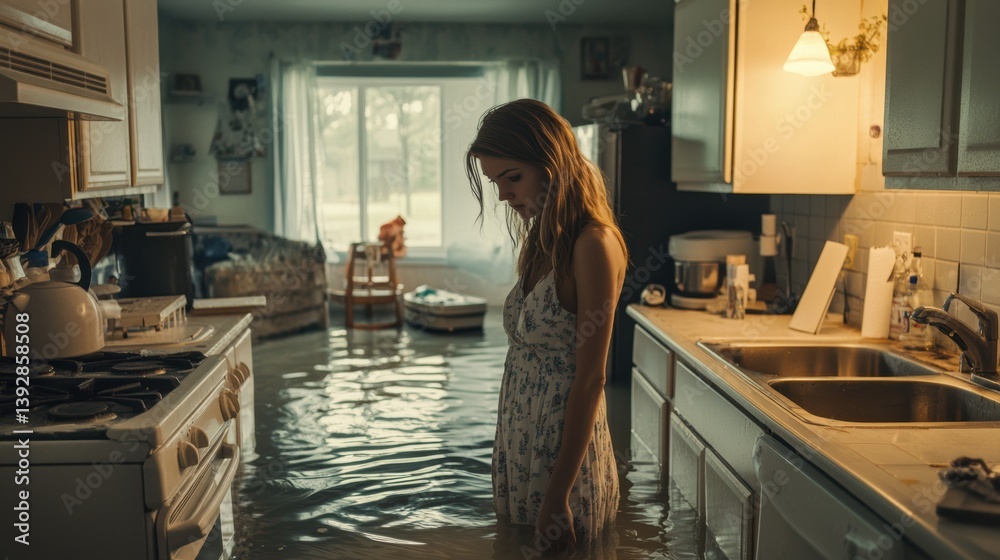 A person stands in flood water in house room. Water damage from flood disaster.