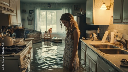 Obraz na płótnie A person stands in flood water in house room. Water damage from flood disaster. w salonie