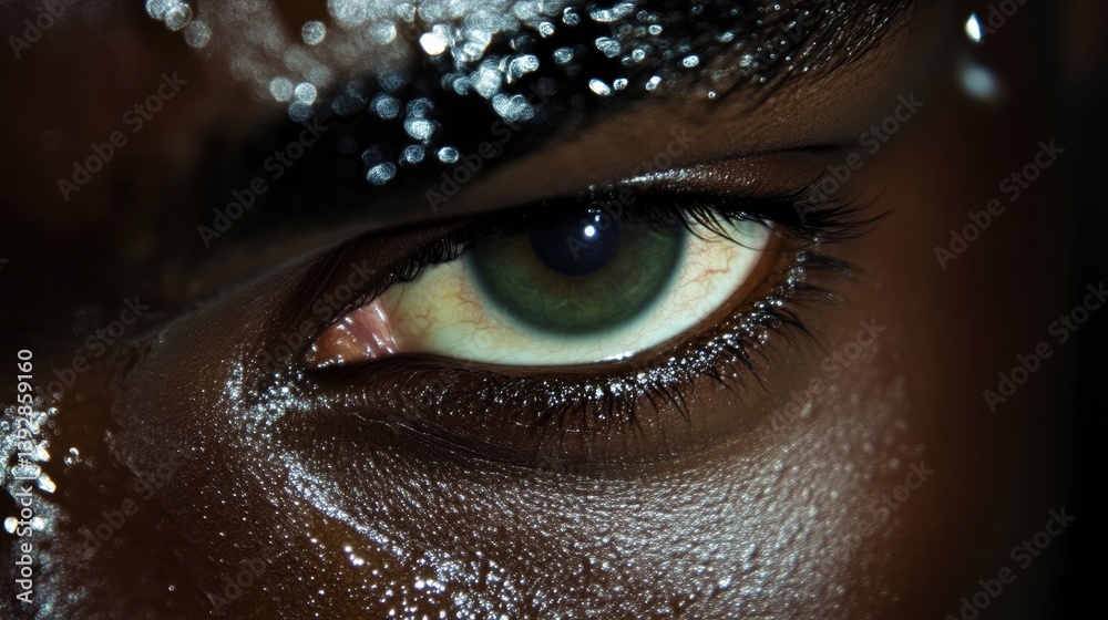 Close-up of a defiant, intense gaze. Detailed view of a single eye with a striking emerald green color, contrasted by dark skin and silver glitter makeup. Intense focus Close-up of a defiant, intense gaze. Detailed view of a single eye with a striking emerald green color, contrasted by dark skin and silver glitter makeup. Intense focus
