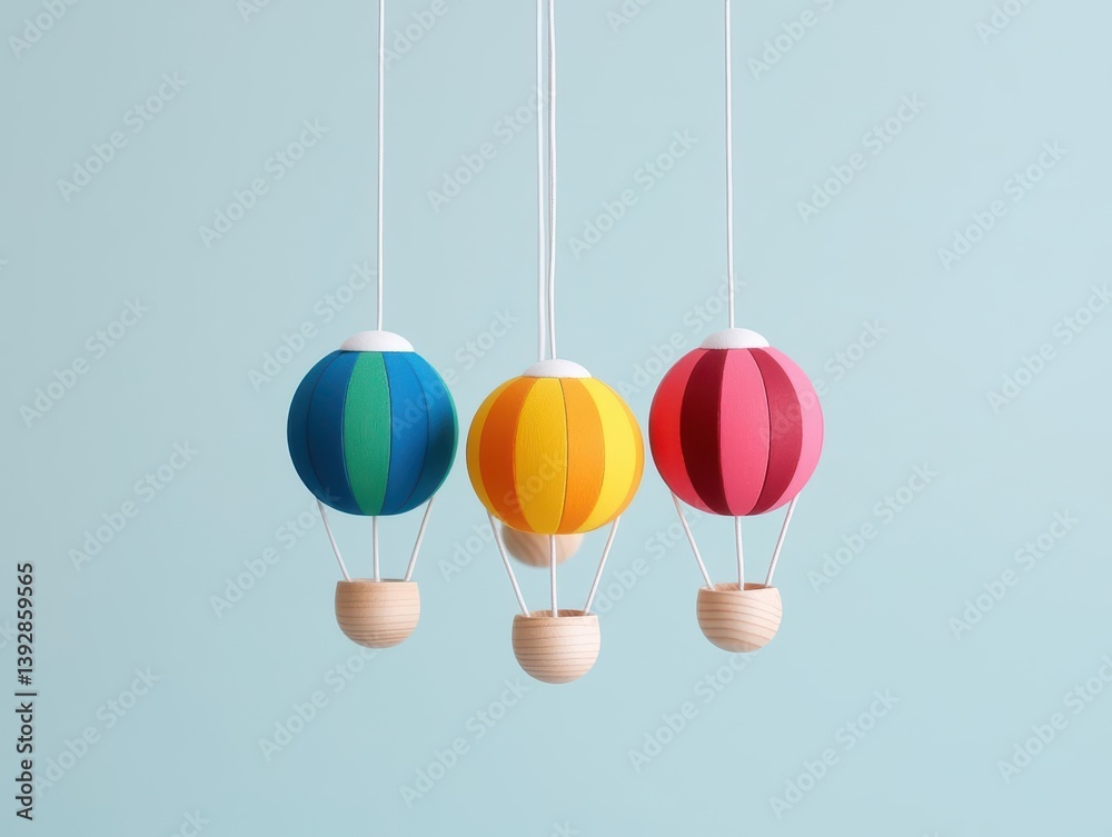Obraz premium Handpainted wooden baby mobile with wind chimes, featuring colorful floating hot air balloons and soothing tones