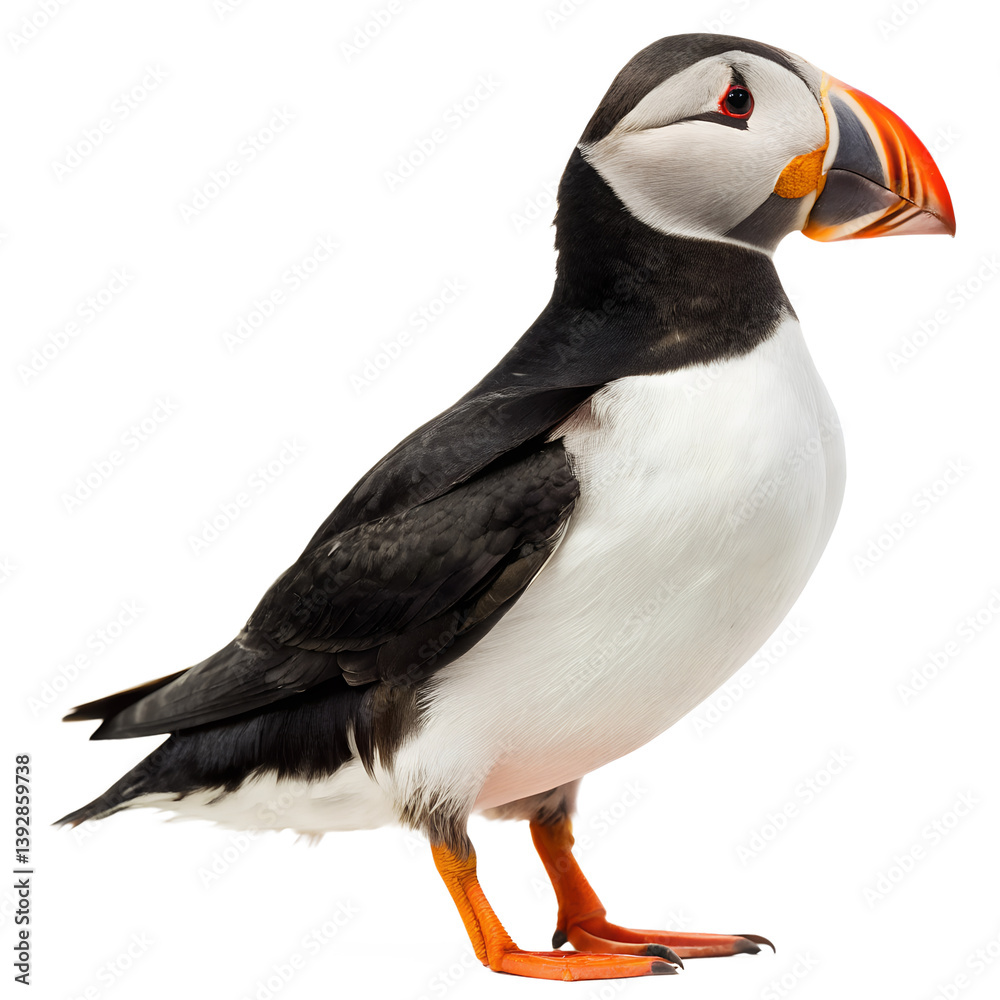 Naklejka premium Atlantic Puffin Standing Upright, Isolated on Transparent Background